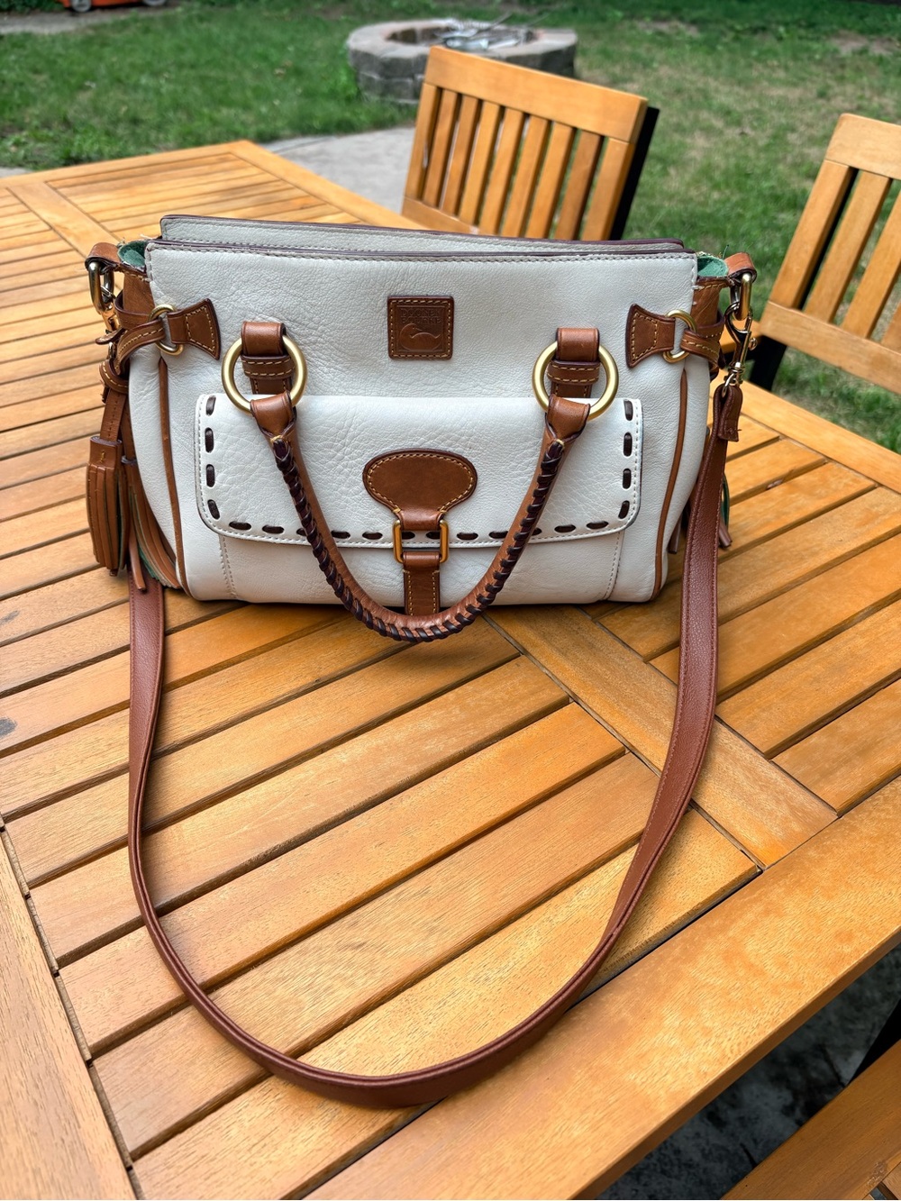 Dooney & Bourke Cream and Brown Leather Tote with Braided Handle